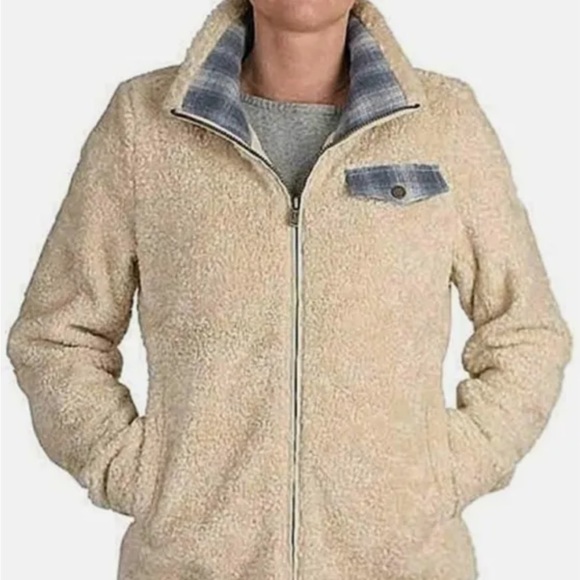 Pendleton Jackets & Blazers - Pendleton Ladies Fuzzy Full Zip Plaid Accent Lined Cozy Jacket Sz L Beige